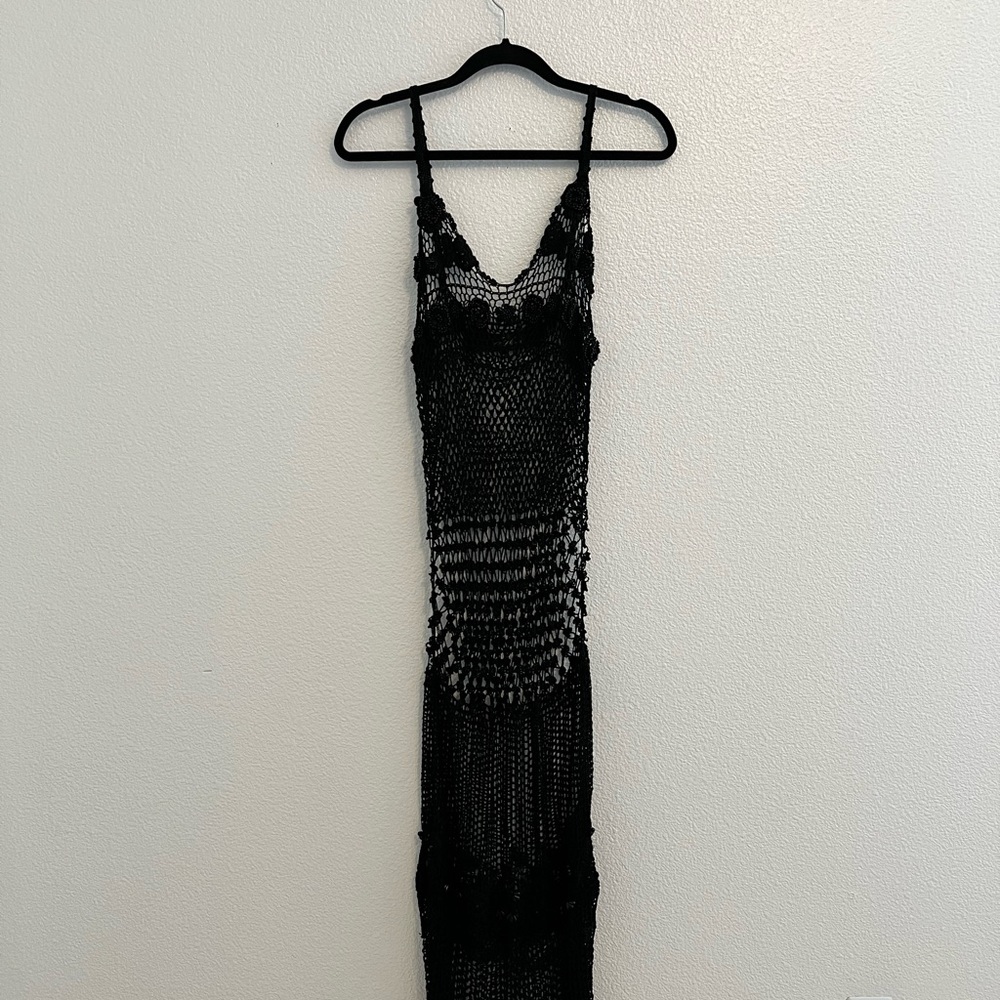 Long black beaded crocheted dress